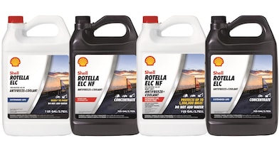 Imagen de cuatro embalajes blancas y gris de Shell Rotella ELC NF